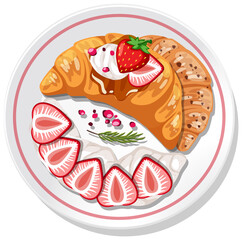 Croissant with strawberry and cream topping on a plate isolated