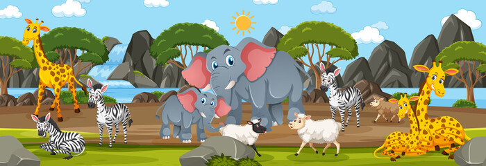 Panorama landscape with various wild animals in the forest