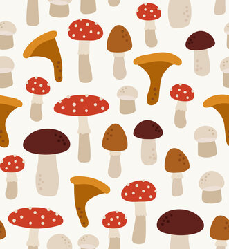Seamless pattern of forest mushrooms. White mushroom, chanterelle, amanita. Concept of fall, autumn, nature, forest plants. Colored vector illustration, isolated on beige.