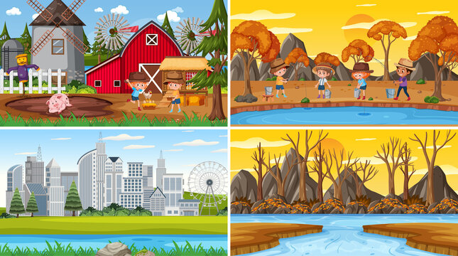 Set of different nature scenes cartoon style © brgfx
