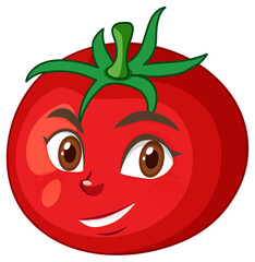 Tomato cartoon character with happy face expression on white background