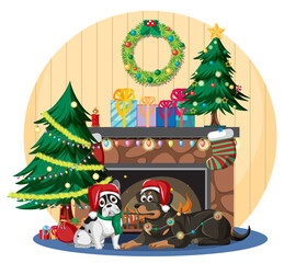 Fireplace with cute dogs and Christmas decorations