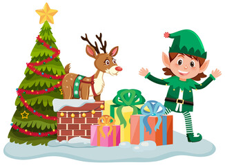 Obraz na płótnie Canvas Christmas elf with many present boxes and Christmas tree