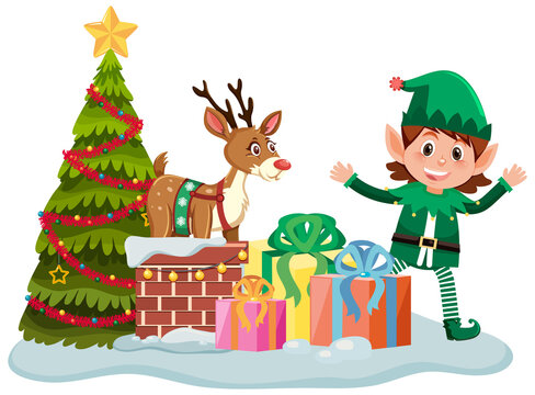 Christmas elf with many present boxes and Christmas tree