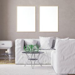 Mockup poster in modern living room white interior background, 3D illustration. 3D render.