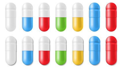 Set of realistic pills capsule isolated on white background. Tablets of different colors with and without shadow. Vector illustration.