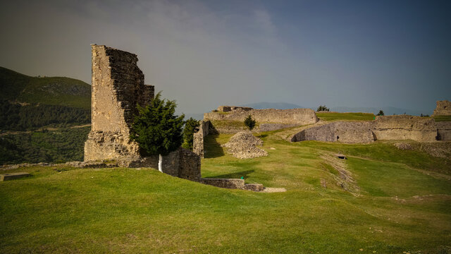 Landscape to ruined Kanine Castle and Shushica mountain, Vlore, Albania