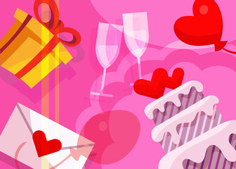 Wedding banner with cake and gifts. Postcard design in cartoon style.