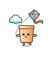 waffle cone mascot illustration is playing kite