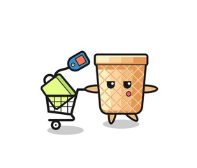waffle cone illustration cartoon with a shopping cart