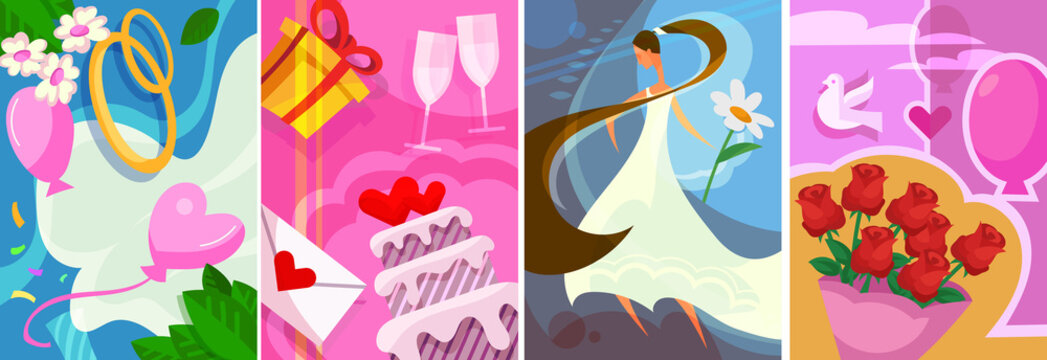 Collection of Wedding posters. Postcard designs in cartoon style.