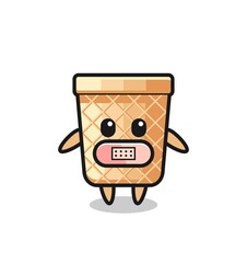 Cartoon Illustration of waffle cone with tape on mouth