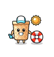 Fototapeta premium Cartoon mascot of waffle cone as a beach guard