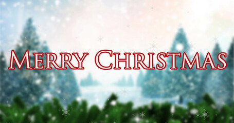 Image of merry christmas text over winter scenery and snow falling