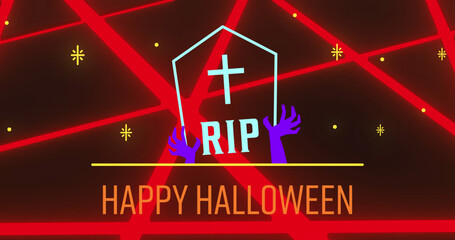 Image of neon halloween greetings text with gravestone and neon pattern
