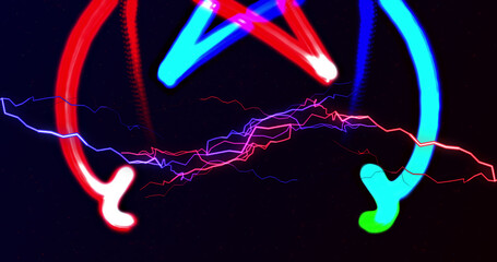 Image of red and blue electrical currents over colourful neon light trails on black