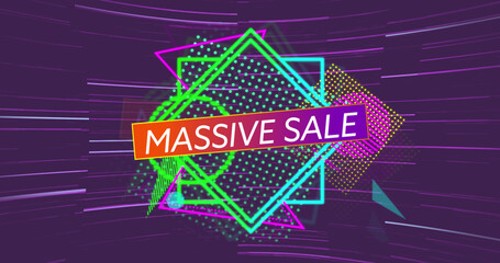 Image of massive sale text over neon shapes over purple background