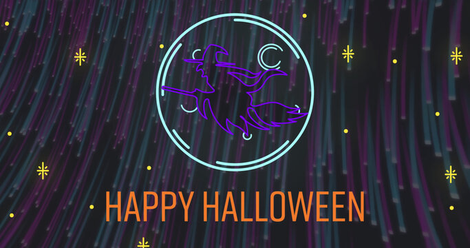 Image of neon halloween greetings text with witch and neon light trails - Powered by Adobe