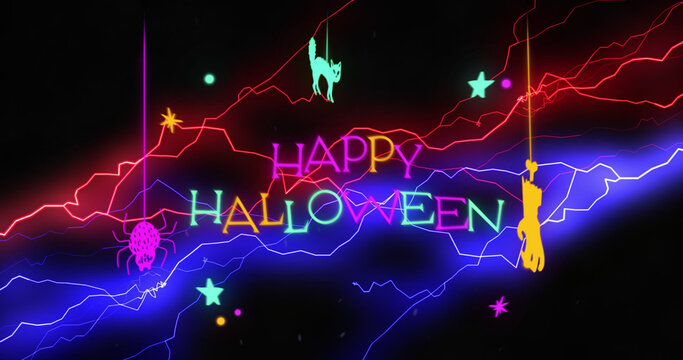 Image of neon halloween greetings text with cat and neon pattern