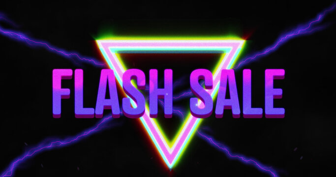 Image of flash sale text and neon triangle on black background