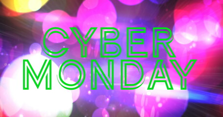 Image of cyber monday sale green neon text with spots of light in background