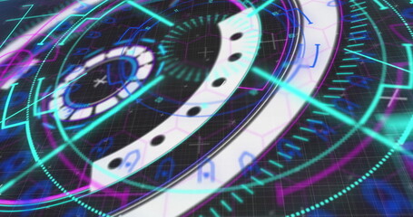 Digital image of glowing neon round scanner against black background