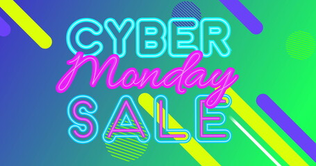 Image of cyber monday sale neon text with abstract shapes on green to blue gradient background