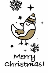 Handmade Christmas cards with lettering, bird, stars. Fashionable postcards in black and gold color.