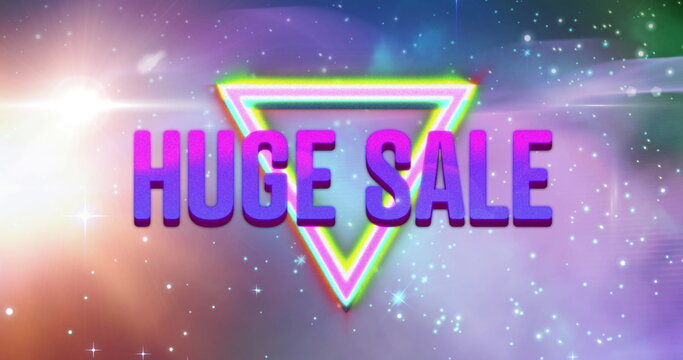 Image of retro huge sale purple text over neon triangle with stars on glowing background