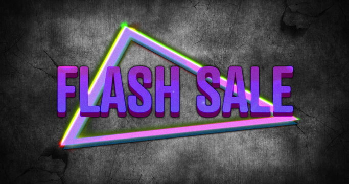 Image of retro flash sale purple text with neon triangles on grey distressed background