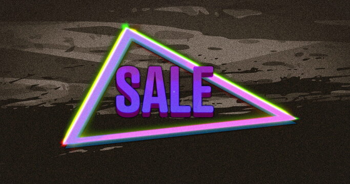 Image of retro sale purple text over neon triangle on distressed grey background