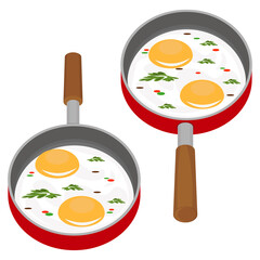 Fried eggs in a frying pan. Vector set of different angles of scrambled eggs.