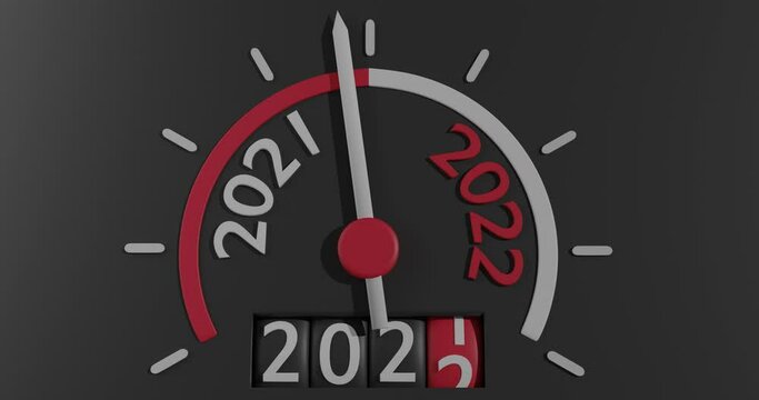 On dashboard speedometer needle running around circle clockwise tends to mark of 2021, rotating cylinder counter changes number of year 2021 to 2022. Concept: date change, approach and New Year's Eve.