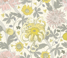 Arts and crafts style floral seamless pattern. Chrysanthemum garden background, floral backdrop - 457506263