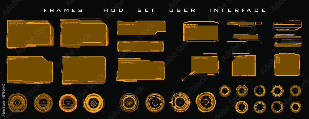 Poster Big set futuristic HUD elements for HUD user interface. Elements for the user interface HUD. Circles, callouts, titles, frames, pointers, targets, information and dialog boxes
