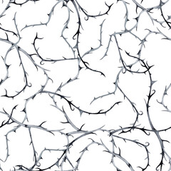 Halloween decorative seamless pattern of unreal prickly  spooky branches. Watercolor hand painted isolated elements on white background.