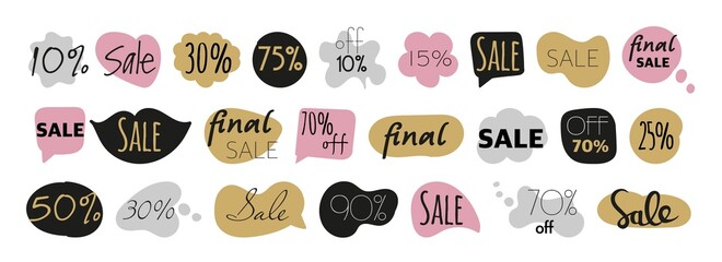 Fashion stickers for sale with bubbles draw by hand a large set . Clouds of stickers with different words form a vector isolated on a white background.
