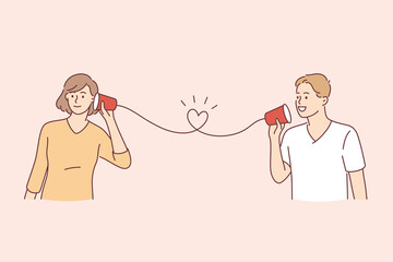 Happy Valentines day holiday concept. Happy smiling young cute couple calling card on paper phone listening and talking communicating vector illustration 