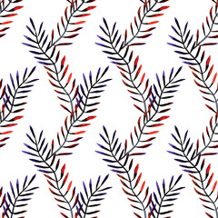 Naklejka premium Decorative Christmas seamless pattern of unreal fir branches in lines order. Plant texture. Watercolor hand painted isolated elements on white background.