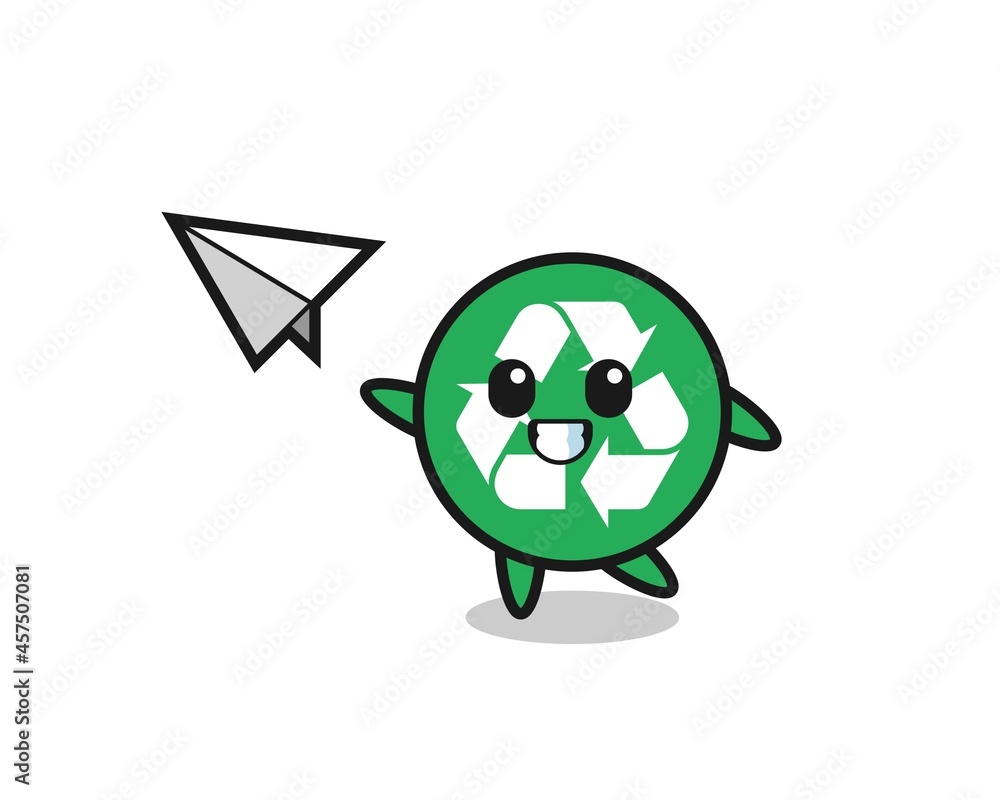 Sticker recycling cartoon character throwing paper airplane