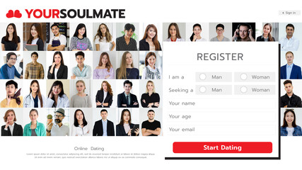 Mockup homepage design template of website for lovers match business with register application form icon and several nice men and women faces image profile. Concept of modern online dating service