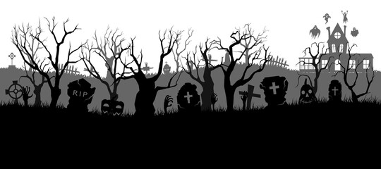 Happy Halloween banner on white background. Halloween concept for greeting cards. Composition of silhouettes. Vector illustration.