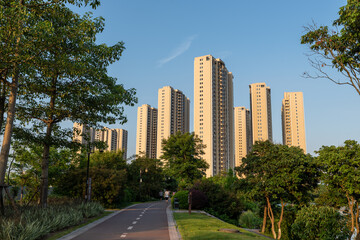 The road in the city park is surrounded by green trees.