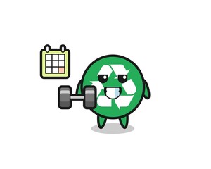 recycling mascot cartoon doing fitness with dumbbell