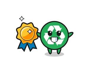 recycling mascot illustration holding a golden badge