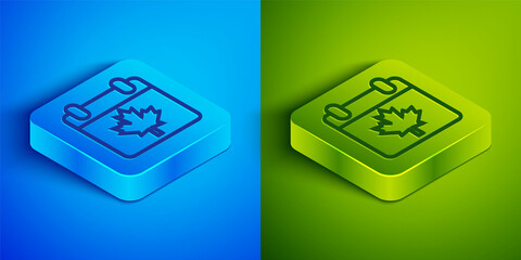 Isometric line Canada day with maple leaf icon isolated on blue and green background. 1-th of July Independence Day on the calendar with the Canada flag. Square button. Vector