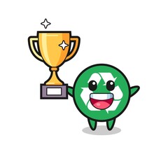 Cartoon Illustration of recycling is happy holding up the golden trophy