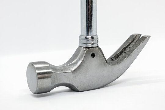 Close Up Of Claw Hammer On White Background. Straight Rip Claw With Smooth Face. Metal Hand Hammer For Carpentry And Renovation Work.