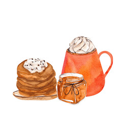 Watercolor fall illustration with kitchen composition, pumpkin pie, hot drinks and floral bouquet, isolated on white background