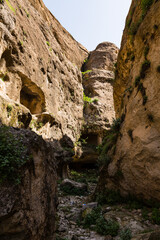 トルコ　水没前のハサンケイフのハサンケイフ城と洞窟住居のある渓谷